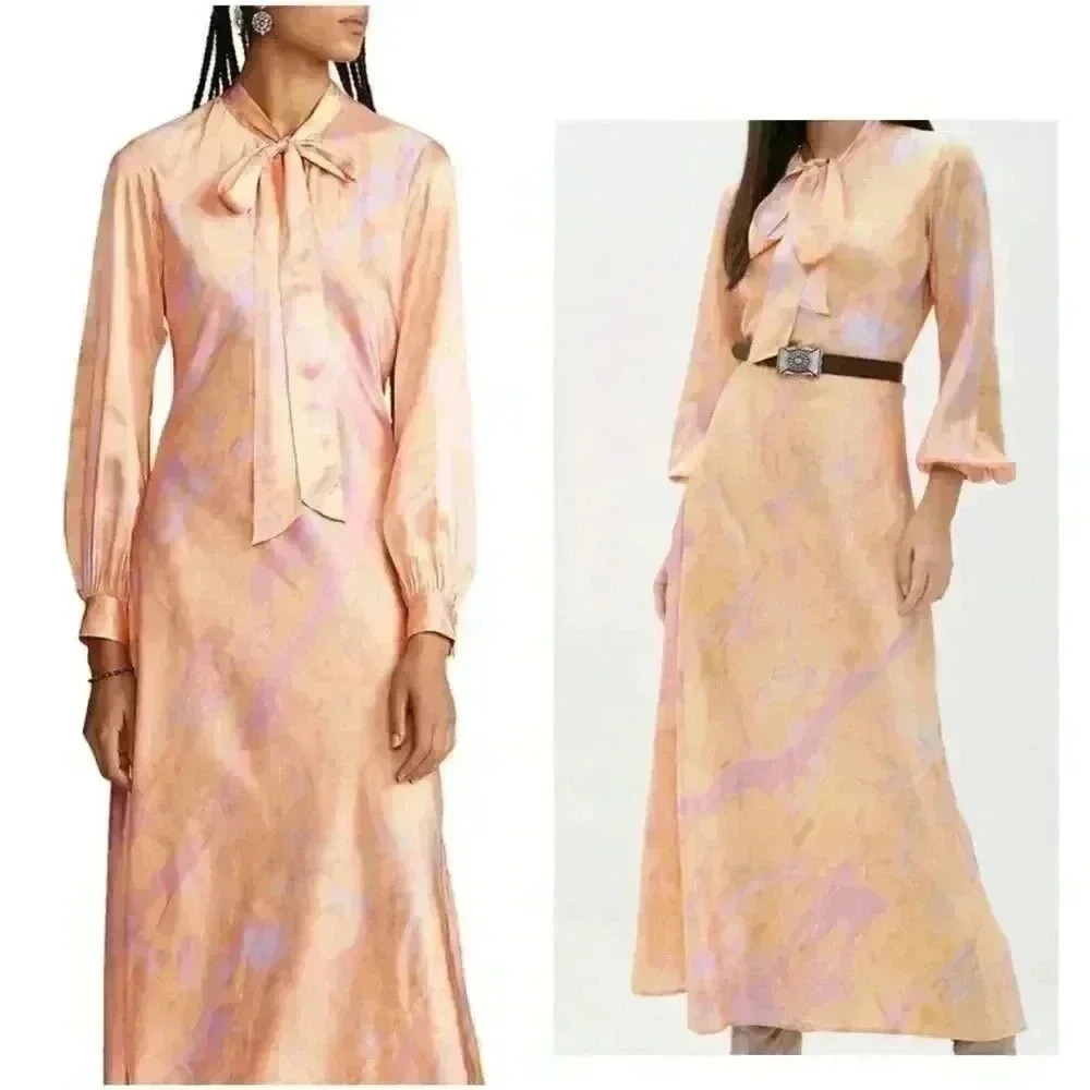 NEW Polo Ralph Lauren Rily 100% Silk Tie Collar Maxi Dress Peach Dye 8